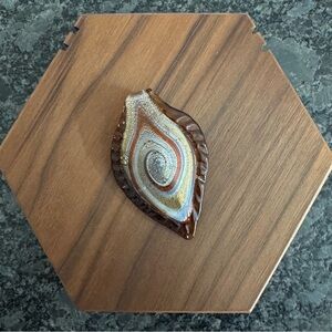 GLASS LEAF NECKLACE PENDANT BROWN WITH GOLD AND SILVER SWIRL DESIGN